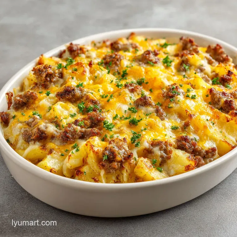 A square slice of savory breakfast casserole on a white plate, topped with melted cheese and a sprinkle of green herbs.