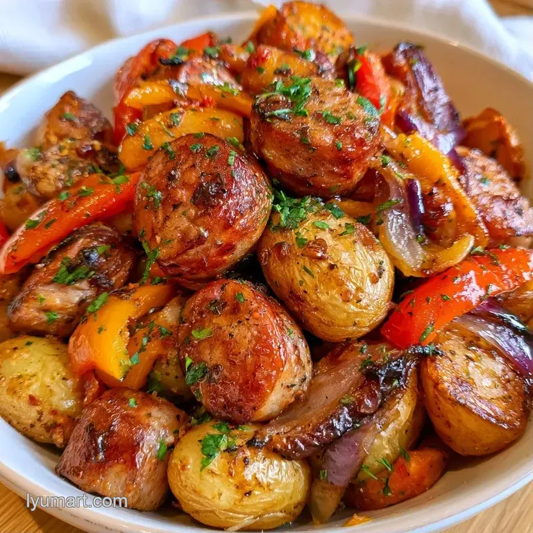 Glistening roasted sausages and tender, colorful vegetables served in four open foil packs on a wooden surface.