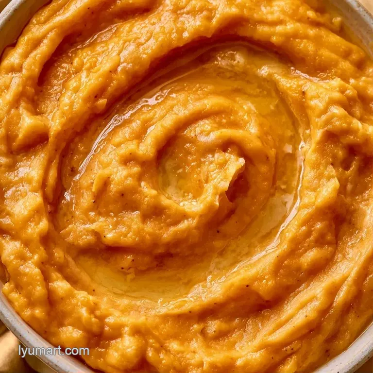 A rustic ceramic bowl of bright orange mash garnished with fresh chopped parsley and a drizzle of golden melted butter.