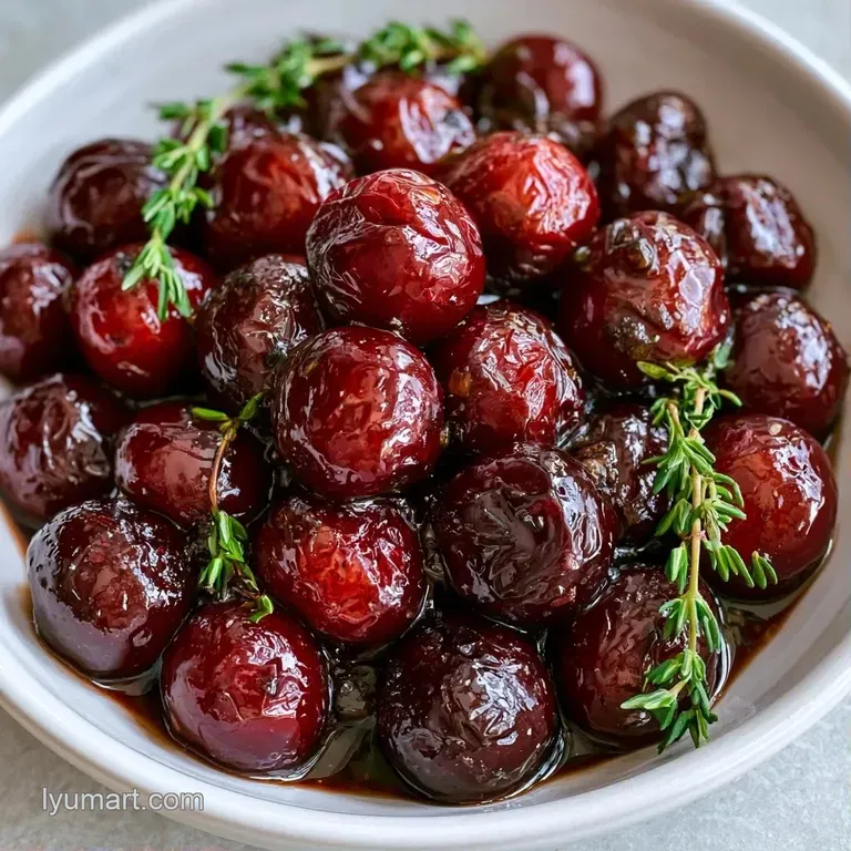 Dark red glazed cherries artfully arranged over creamy white goat cheese with a fresh sprig of aromatic green thyme.