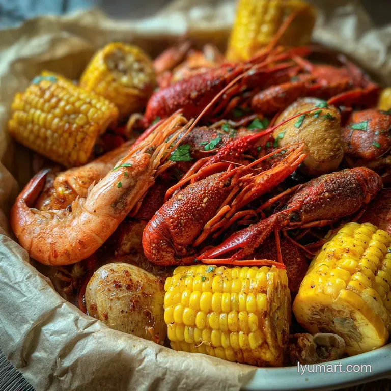 Seafood boil spilling onto a platter. Shrimp and crawfish glisten with spices, alongside corn, sausage and potatoes.
