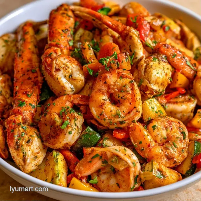 Steaming seafood parcels open to show red crab legs and shrimp atop a wooden board with fresh lemon slices and parsley.