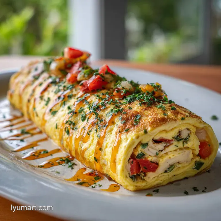 Elegant omelet roll slices arranged on a white plate, garnished with fresh chives. A drizzle of vibrant sauce adds a pop o...