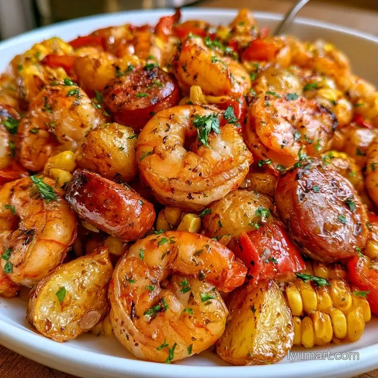 Open silver foil packets featuring pink shrimp and seared sausage nestled with colorful roasted summer vegetables.