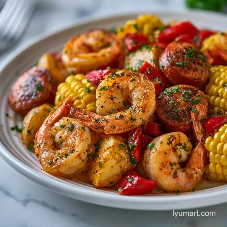 Open silver foil packets on a wooden tray showing steaming shrimp, corn, and sausage dusted with red seasoning.
