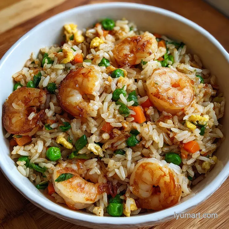 Perfectly plated fried rice with plump shrimp. Garnished with sesame seeds and scallions against a dark, elegant ceramic d...