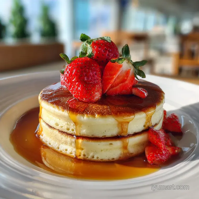 Fluffy hotcakes stacked on a white plate, adorned with fresh berries, whipped cream, and a drizzle of syrup. Warm and invi...