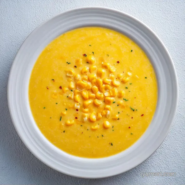 Vibrant yellow soup in a modern white bowl, paired with a toasted baguette slice on a textured grey linen napkin.
