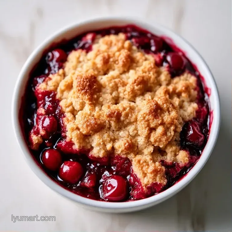 A scoop of warm fruit crisp topped with melting vanilla ice cream and a drizzle of thick, crimson berry syrup.