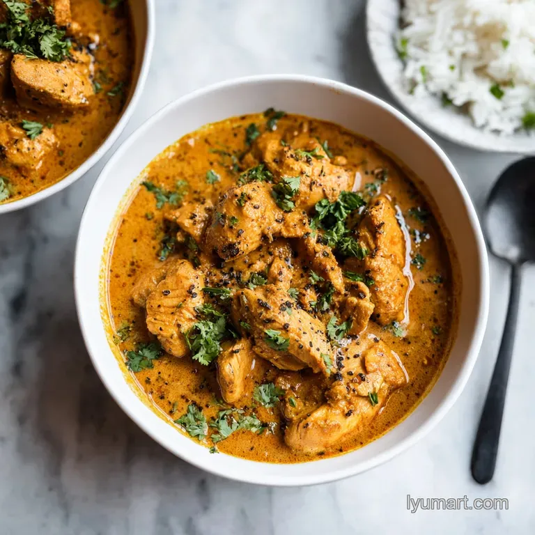 A perfectly plated bowl of creamy butter chicken, garnished with fresh cilantro and fluffy basmati rice.