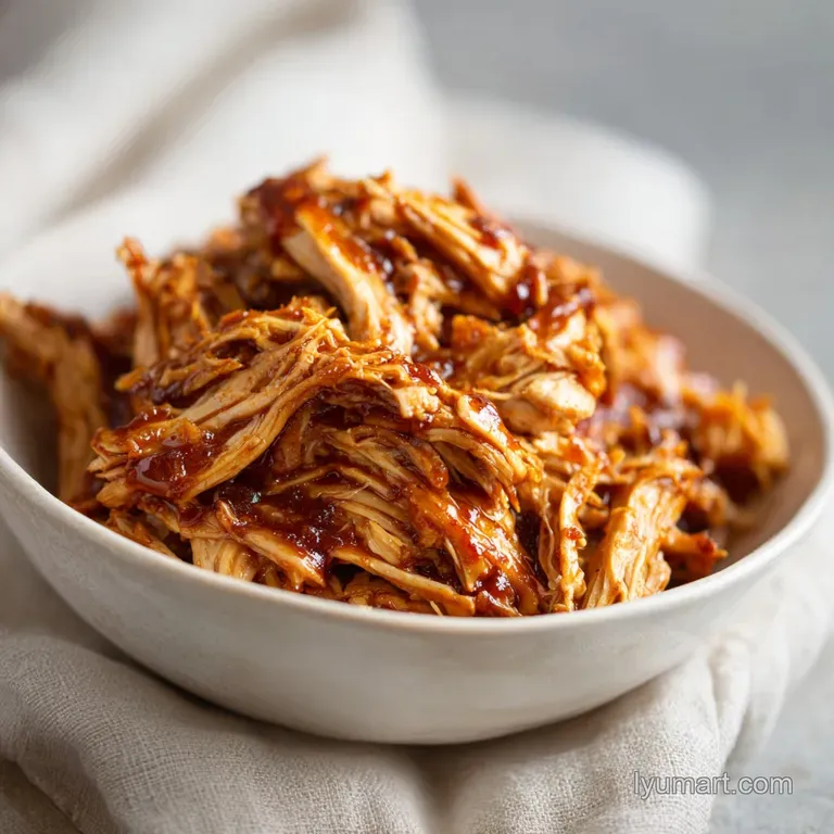 Tender pulled chicken piled on a toasted bun, topped with crunchy coleslaw and a drizzle of sauce.