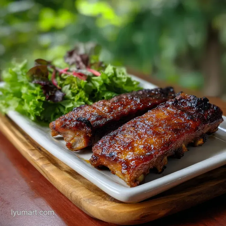 Plated smoked ribs; glistening sauce brushed over tender meat, garnished with fresh herbs & a side of bright yellow corn.