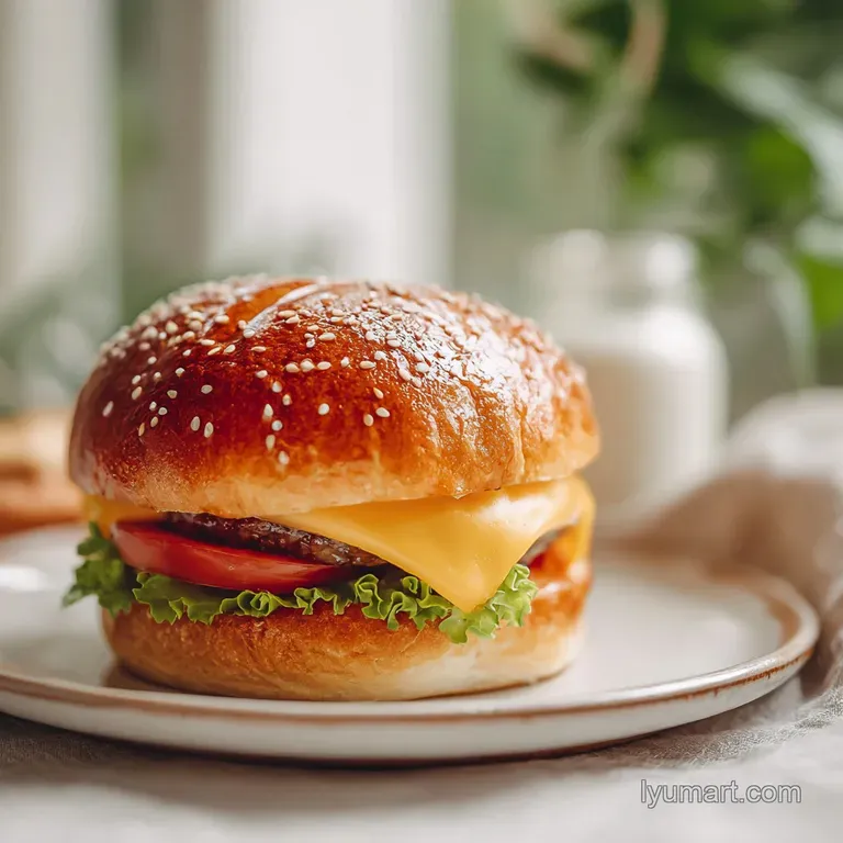 Stacked, fluffy burger buns with a light sheen, invitingly soft, contrasting with the dark surface they sit upon.