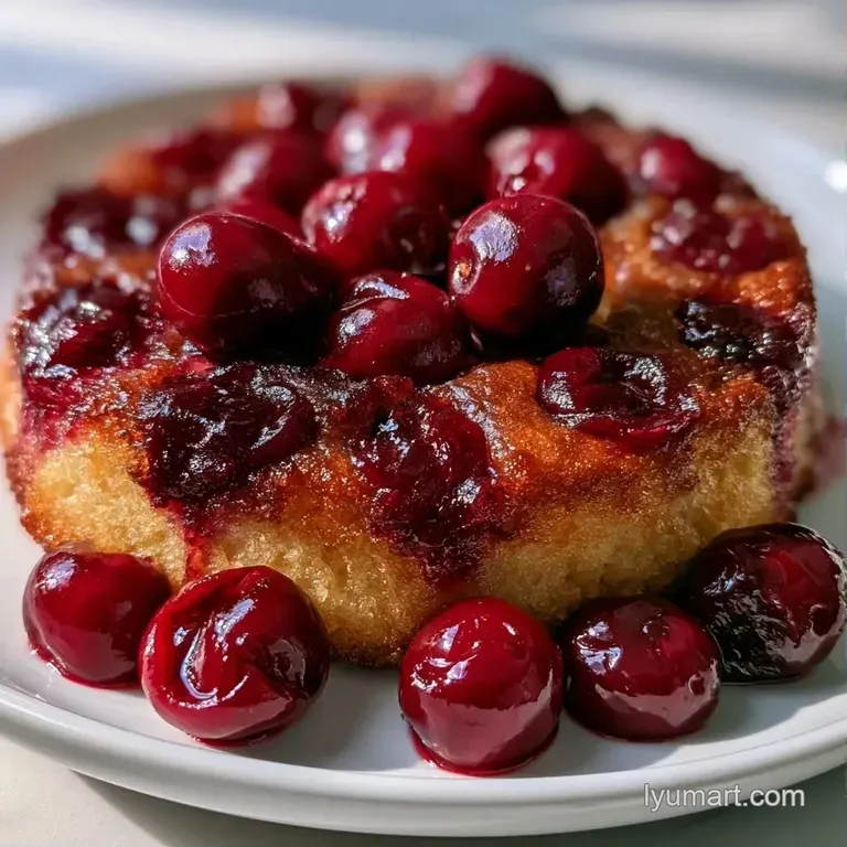 A moist slice of sponge cake on a white plate, pooled in glossy red syrup and topped with a fresh mint leaf.
