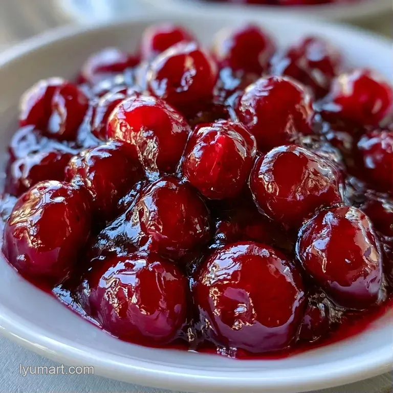 Rich crimson fruit glaze drizzled over a pale vanilla dessert, creating a bold contrast on a white plate.
