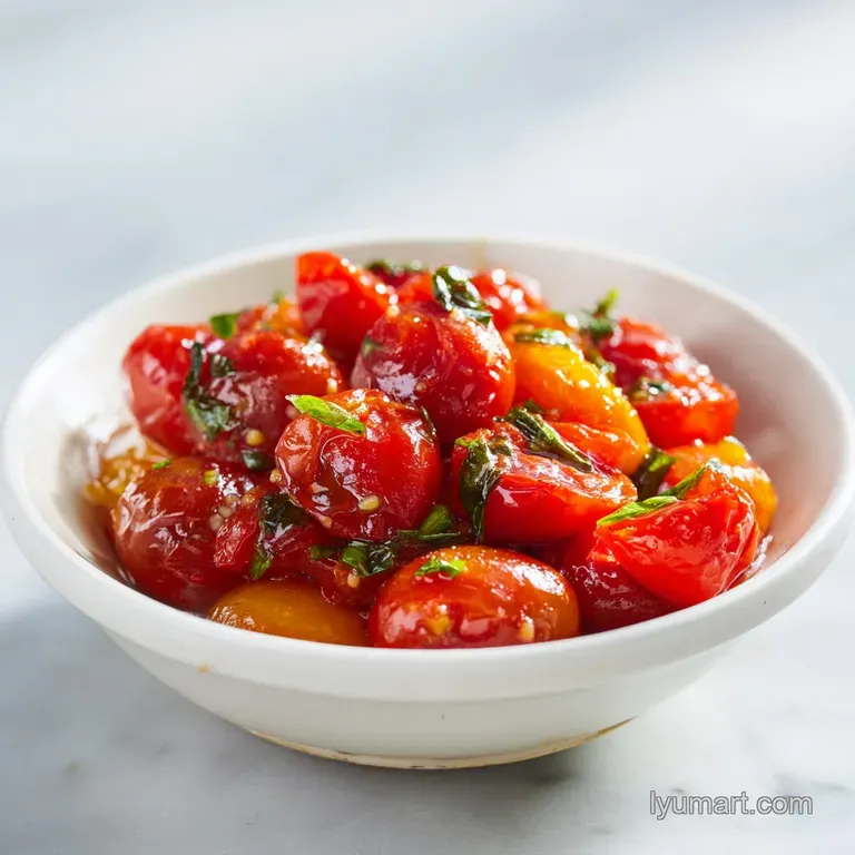 A swirl of ruby red cherry tomato sauce gracefully coats pasta, topped with fresh basil; a bright, appealing plating.