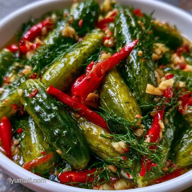 Vibrant green pickle spears and red chili rounds artfully arranged on a white platter with fresh dill garnishes.