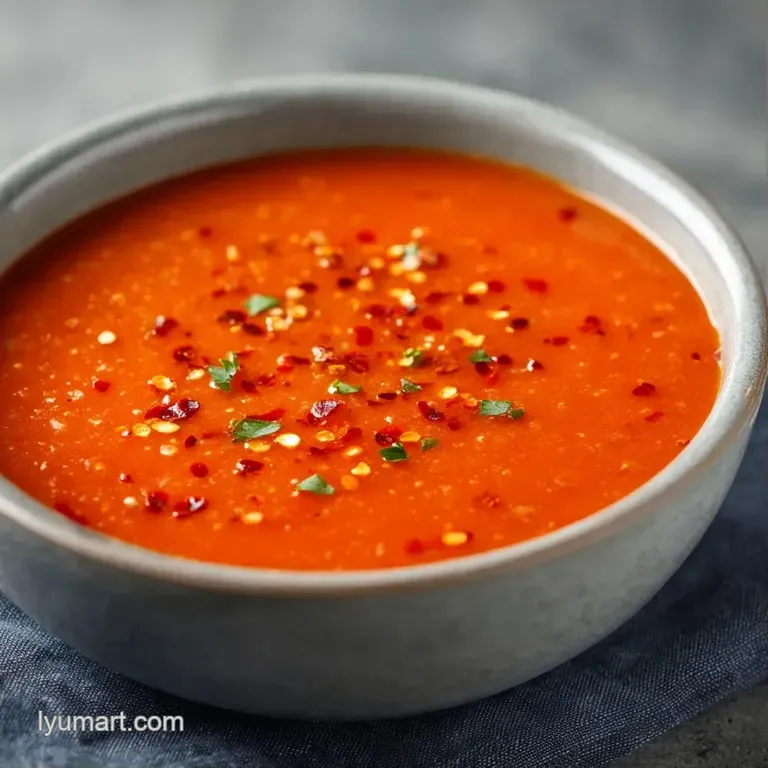Elegant bowl of rich crimson soup served with a toasted sourdough slice and a sprig of fresh green herbs.
