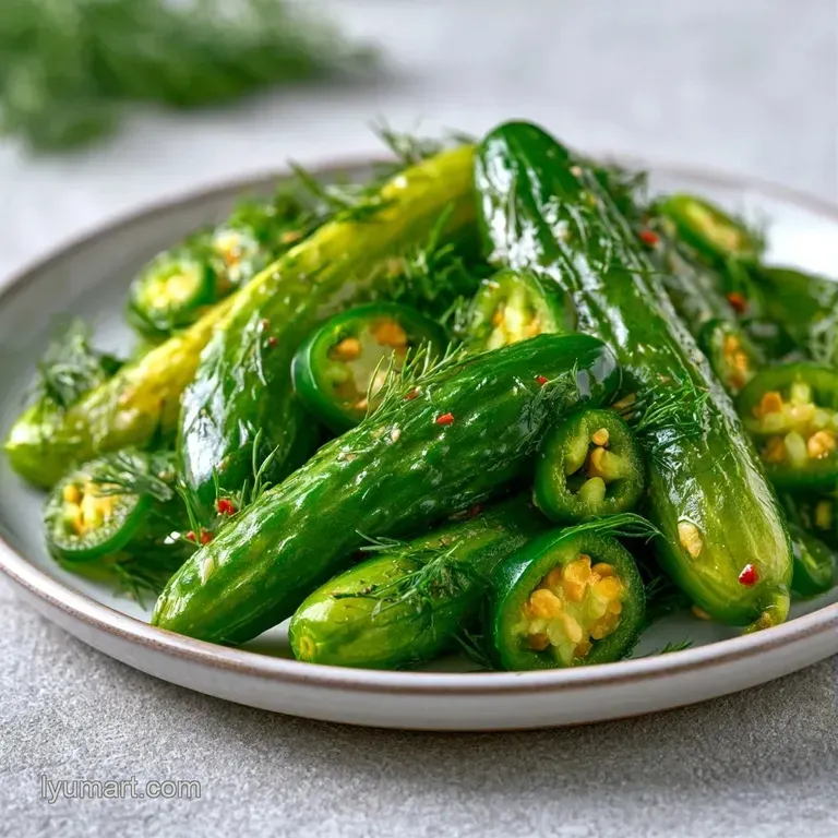 Crisp green pickle spears and sliced jalape&ntilde;os arranged on a white marble platter with fresh dill garnish.