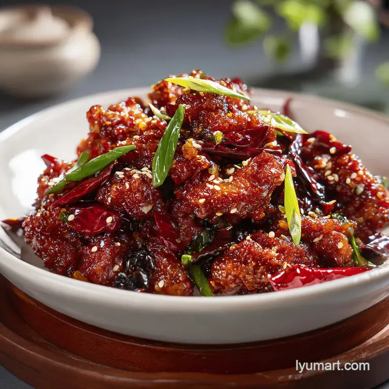 A gleaming mound of dragon chicken plated high, glistening under the light, garnished with scallions and chili flakes agai...