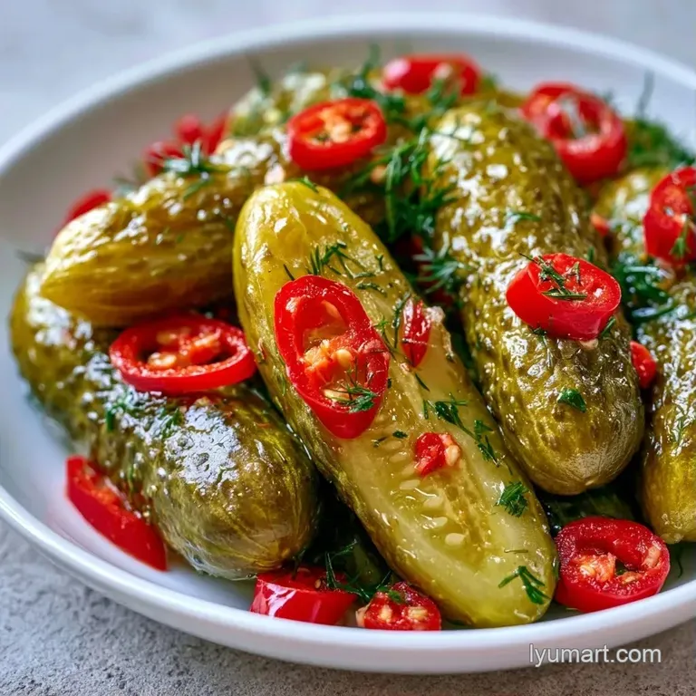 Sliced pickle rounds arranged on a white ceramic plate with sprigs of fresh dill and cloves of peeled garlic.