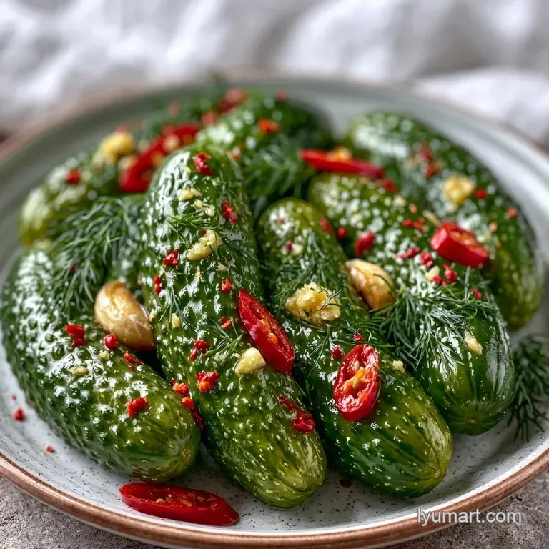 Crisp green pickle spears on a white ceramic platter, accented by sliced garlic cloves and bright red chili rings.