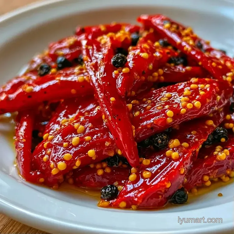 Vibrant red pepper slices neatly piled on a matte grey plate, glistening with moisture and tiny spice seeds.