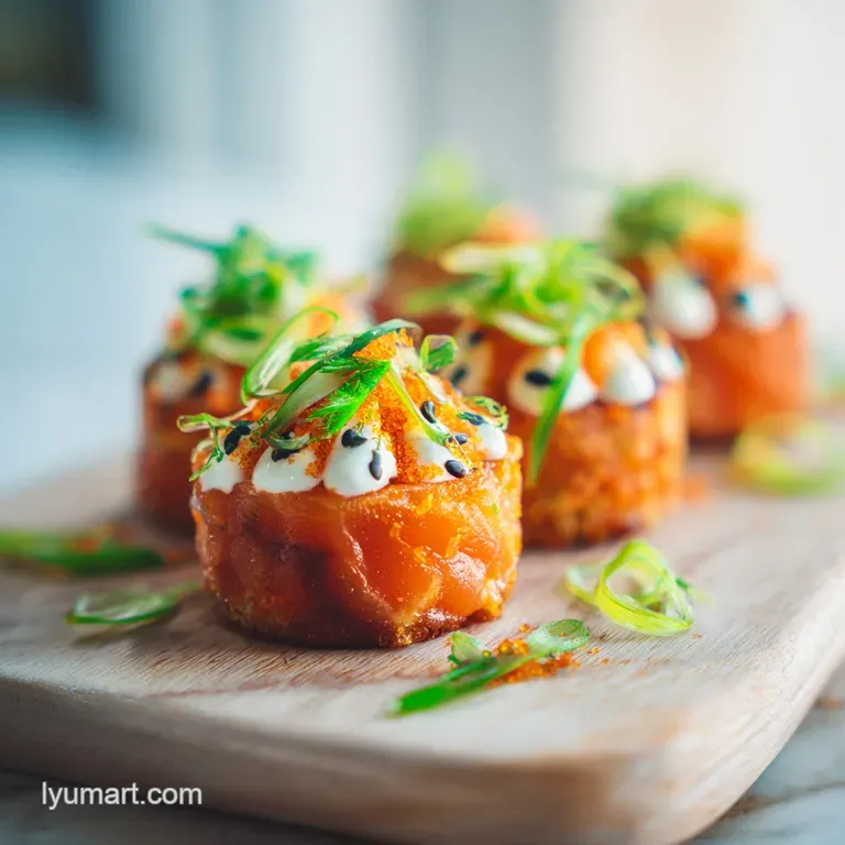 A generous slice of layered sushi bake with torched salmon on top, plated beautifully. Glistening spicy mayo drizzle.