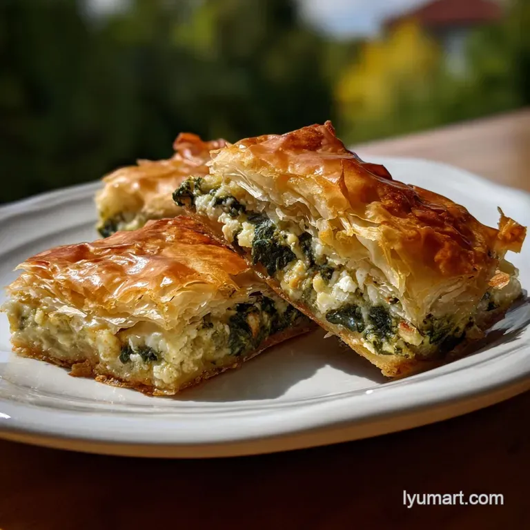 Triangular slice of spinach and feta phyllo bake, artful plating. Golden crust contrasts with the vibrant green filling on...