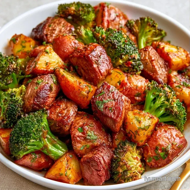 Perfectly sliced medium-rare beef alongside glistening golden potatoes and bright green steamed broccoli.