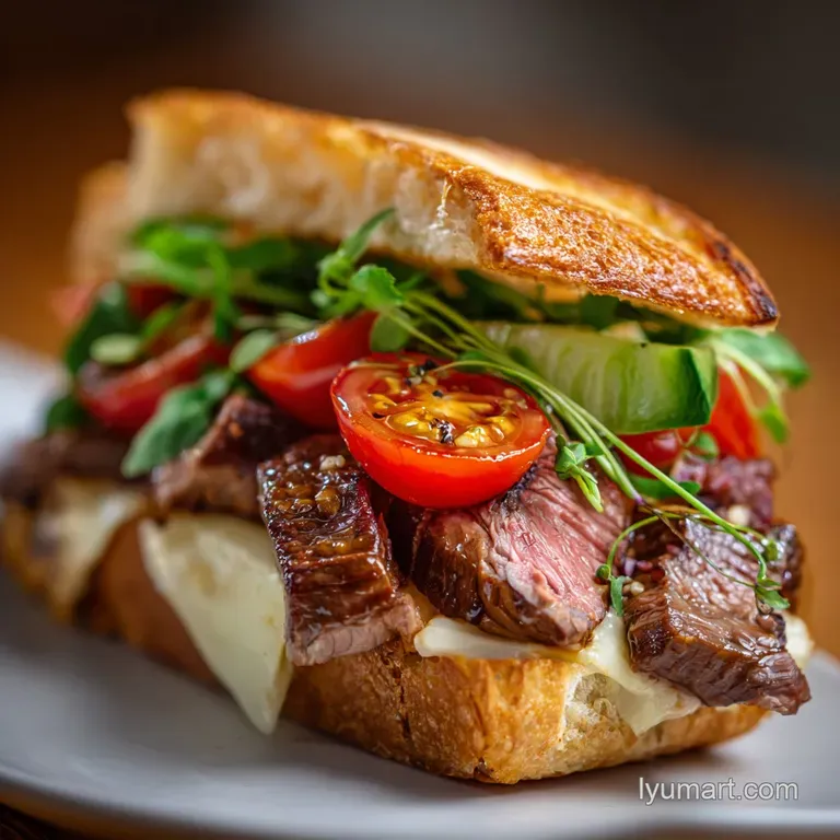 Steak sandwich half with crusty toasted bread, topped with tender steak slices and bright green herb sauce on a white plate.