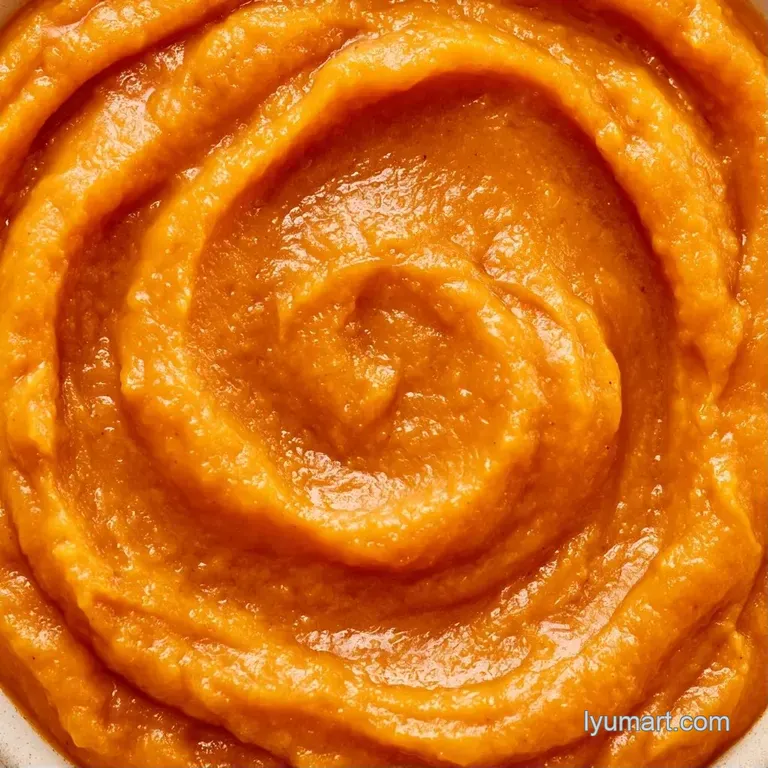 A swirl of velvety orange puree on a minimalist white plate, topped with a delicate sprig of fresh garden thyme.