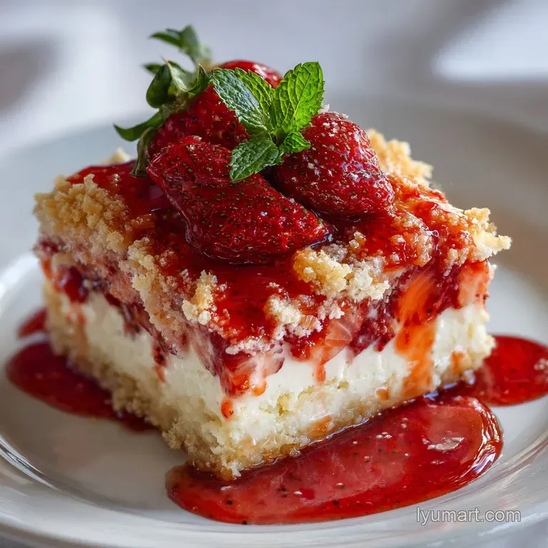 Slice of creamy cheesecake dump cake showing layers of golden cake, sweet strawberries and creamy white cheesecake filling...