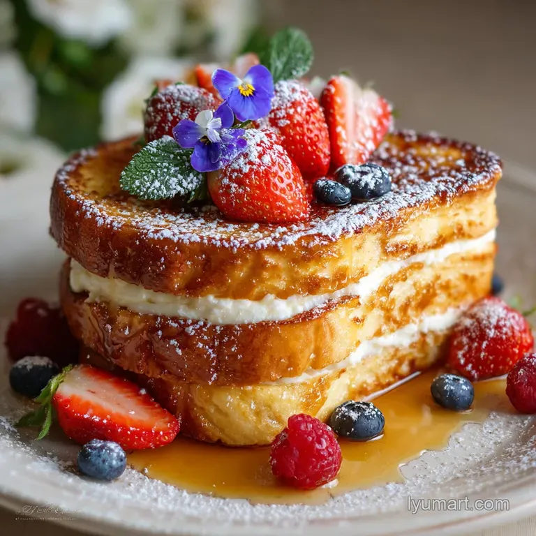 Elegant plate with golden French toast, glistening strawberries, and a sprig of mint. Light reflects off the glossy syrup.