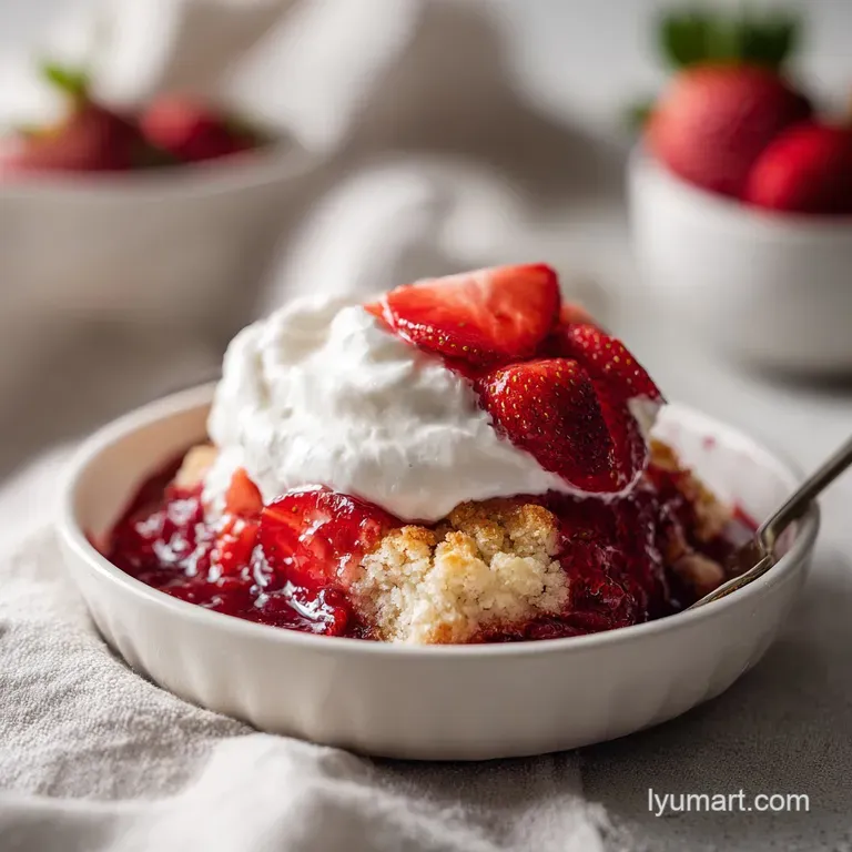 A slice of shortcake with vibrant red berries and fluffy cream, artfully arranged on a white plate.