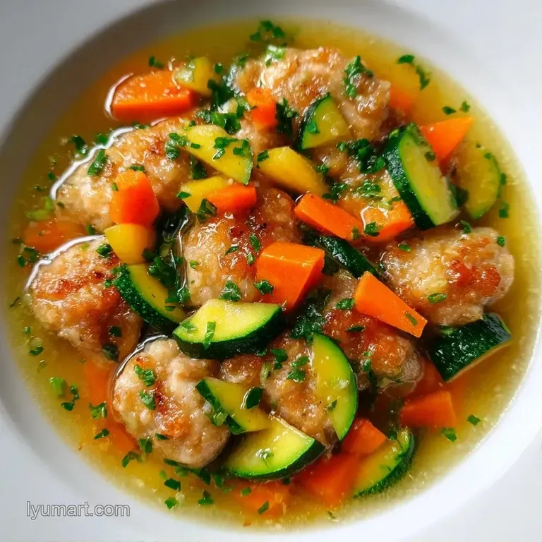 A white ceramic bowl of colorful garden vegetables and chicken chunks garnished with a sprig of fresh green parsley.