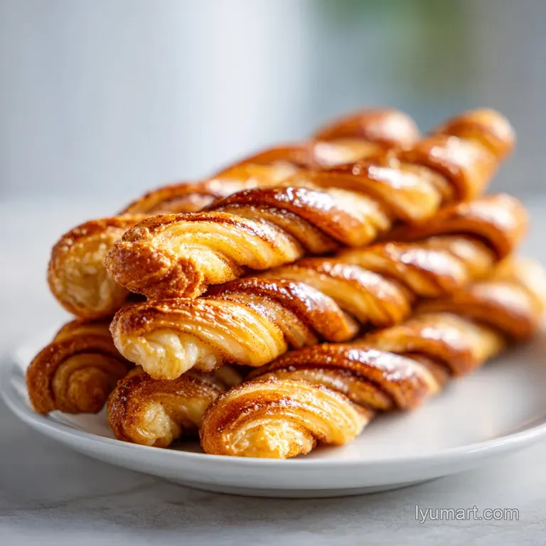 A single cinnamon twist on a delicate plate, dusted with powdered sugar. Buttermilk glaze adds a touch of golden shine. Wa...