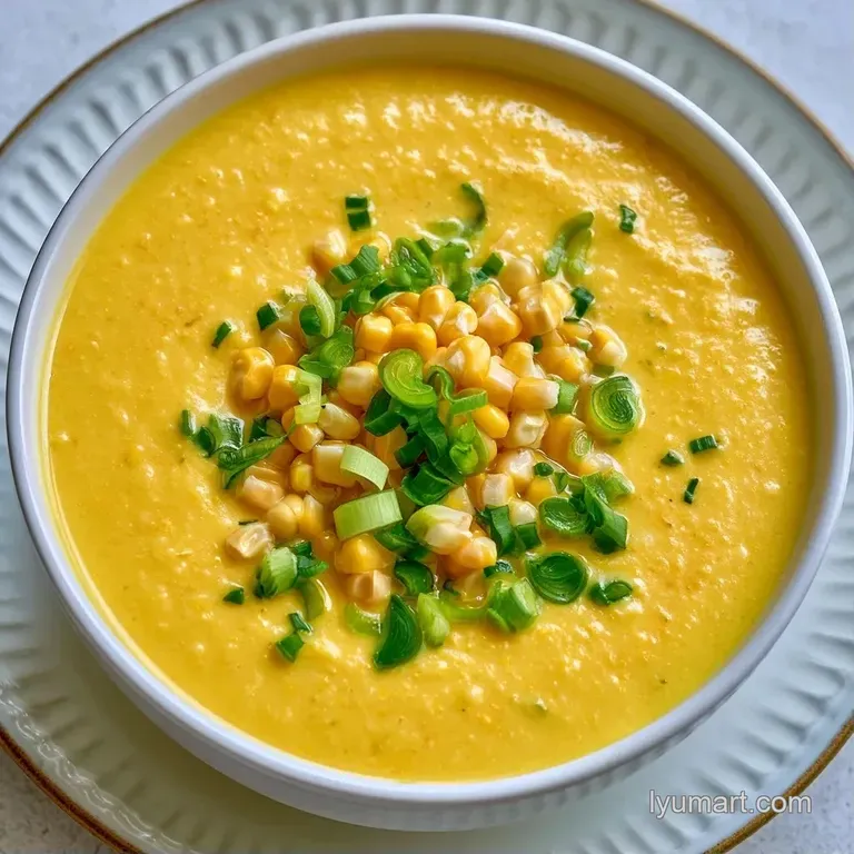 A creamy yellow soup in a ceramic bowl on a linen napkin with a side of golden-brown, toasted sourdough bread.