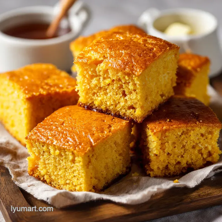 A slice of warm cornbread with melted butter glistens. Honey drizzle adds a golden touch to this rustic yet comforting scene.