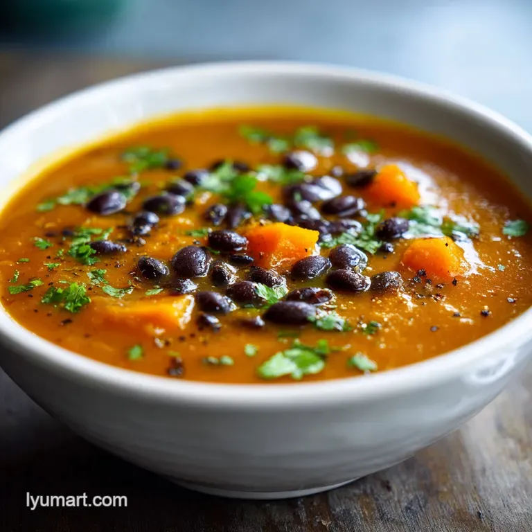 Close-up of a bowl with chunky sweet potato soup, topped with herbs and a dollop of cream, steam rising, inviting warmth.