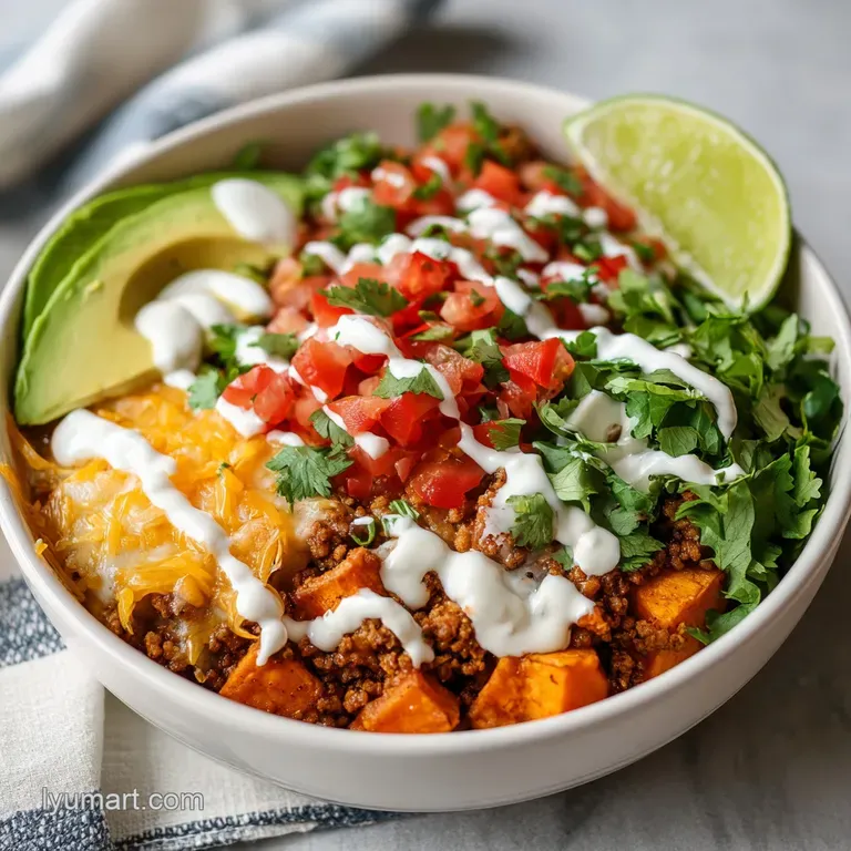 Brightly colored sweet potato taco bowl with juicy tomatoes and crisp lettuce; a fresh, vibrant, healthy meal served in wh...