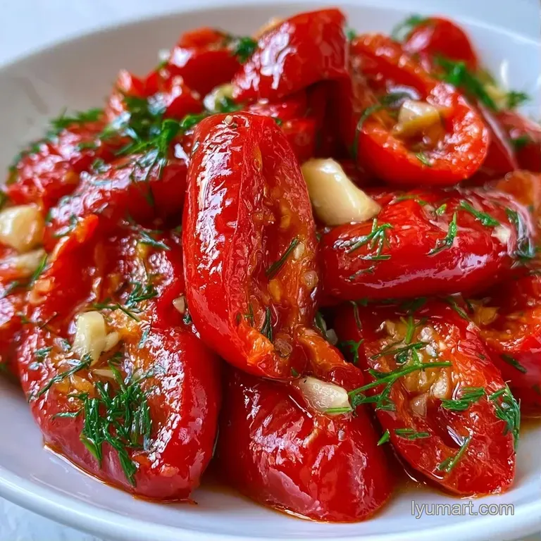 Bright red pepper strips neatly piled on a white ceramic dish, accented with a sprig of fresh green garden parsley.