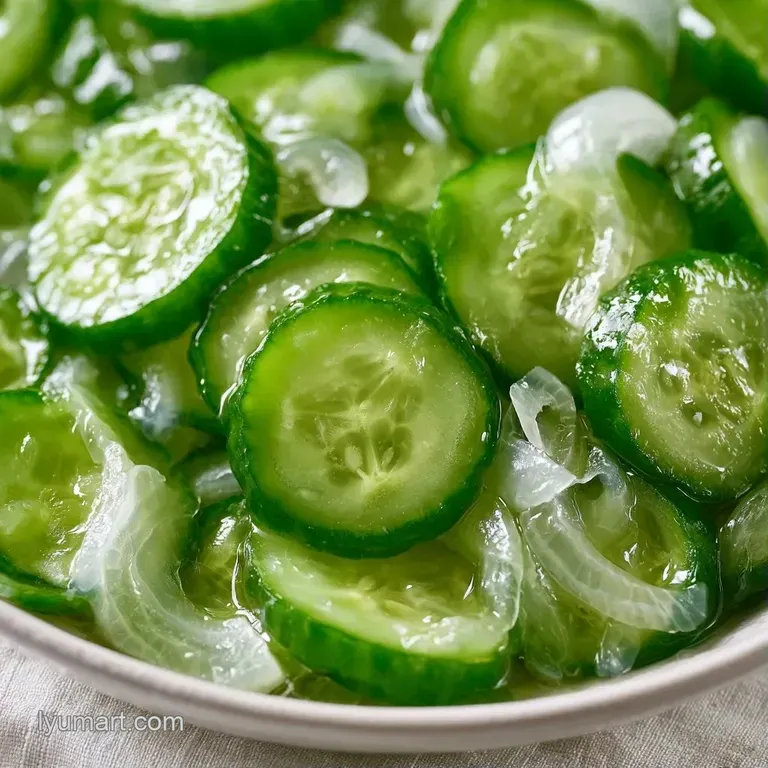 Freshly sliced green cucumbers neatly stacked on a white platter, glistening with a sweet, translucent glaze.