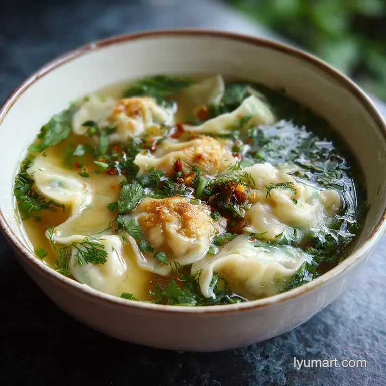 Delicate potstickers swimming in a clear, flavorful broth, garnished artfully with cilantro and a lime wedge. Light and fr...