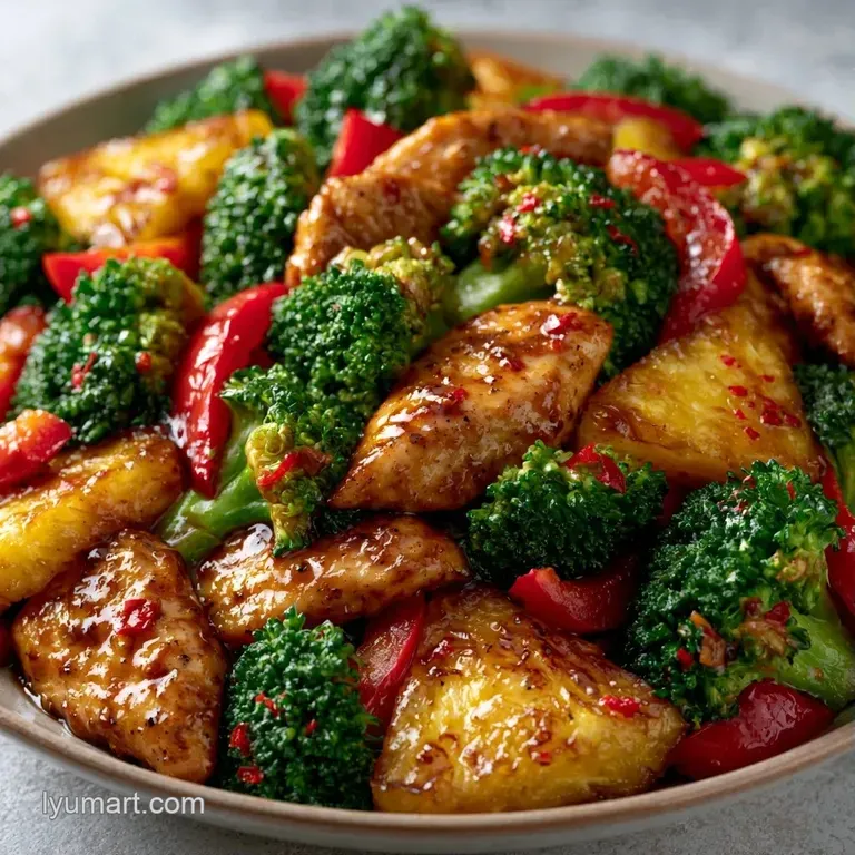 Neatly arranged glazed chicken and golden pineapple chunks on a white ceramic plate with a sprinkle of green onion.