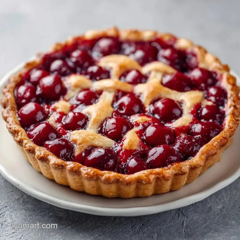 A slice of deep red fruit pie topped with a cloud of white whipped cream on a white porcelain plate with mint.