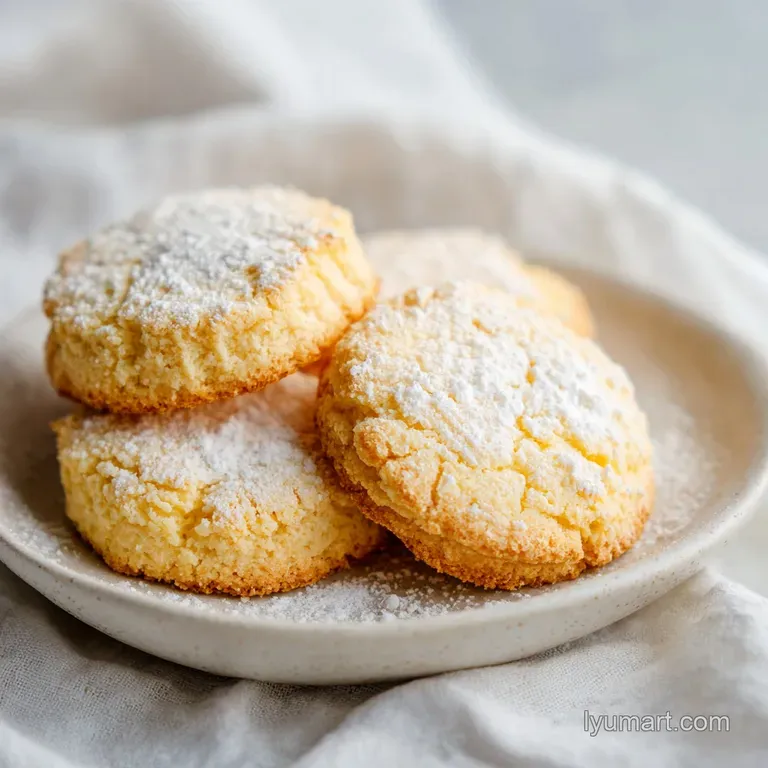 A stack of buttery shortbread cookies dusted with fine sugar, presented on a rustic ceramic plate.