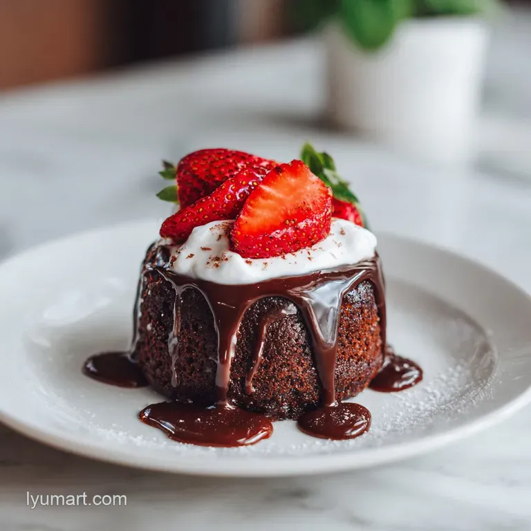 Slice of moist chocolate cake on a white plate, drizzled with ganache. Garnish of fresh raspberries and mint.