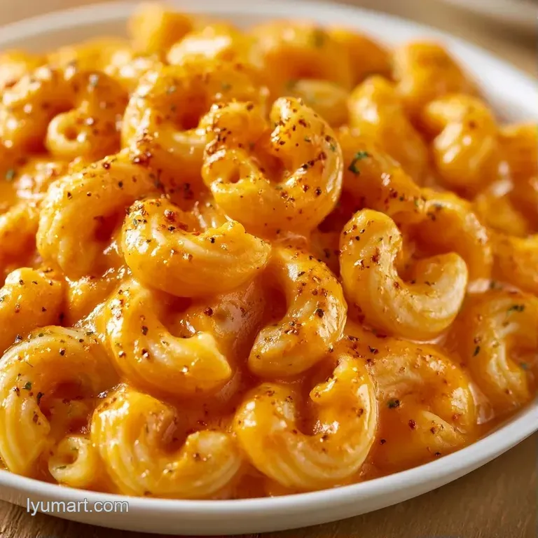 A generous scoop of bright orange pasta in a modern bowl, topped with fresh parsley and a dusting of paprika.