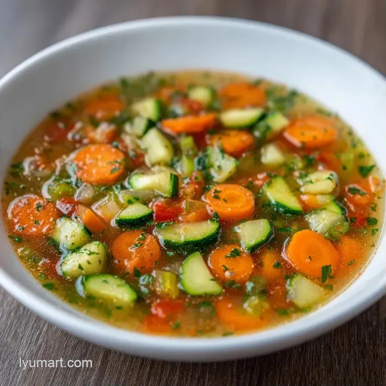 A white ceramic bowl filled with colorful vegetable soup, topped with a swirl of cream and fresh green parsley.